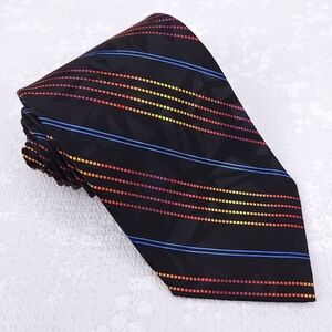 Vitaliano Pancaldi Silk Tie Black Red Orange Yellow Rainbow Striped 60" x 3.75"